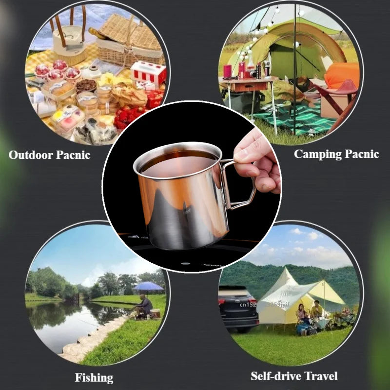 Caneca de Camping em Inox com Alça Dobrável. Leve, ideal para Acampamento, Escotismo, Trilha, Montanhismo e Pescaria.