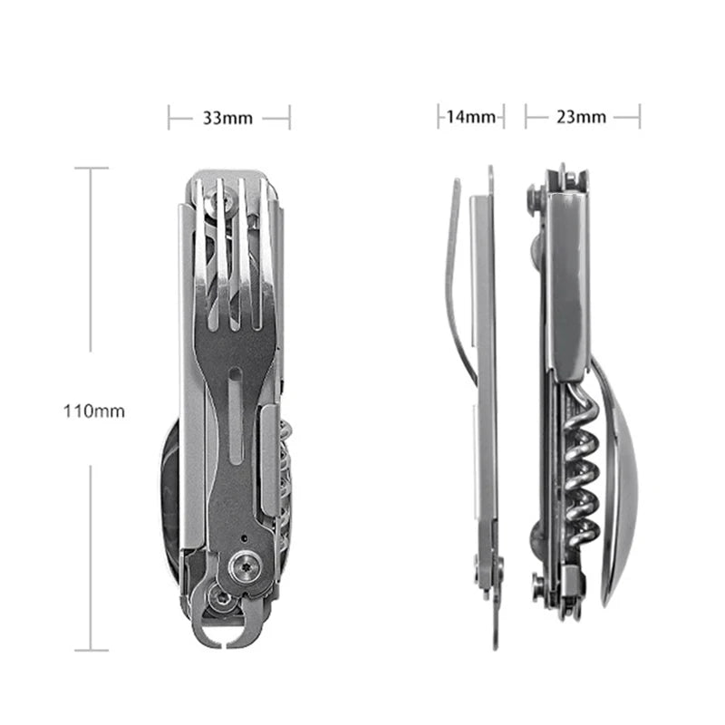 Talheres para exterior, faca multifuncional portátil, garfo, colher, abridor de garrafas, talheres dobráveis, equipamento de acampamento