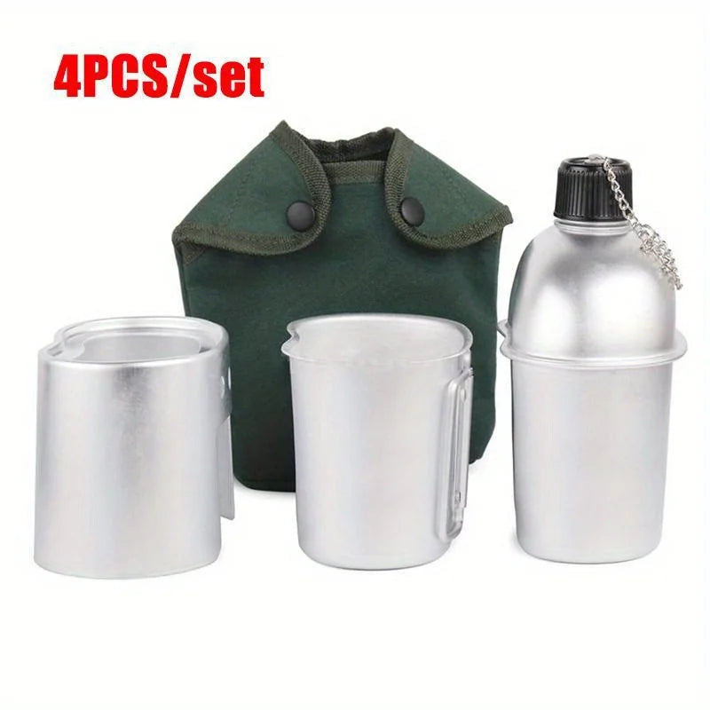 4pcs/set,Military Canteen Cookware Set Aluminum Alloy Canteen Multi-Functional Water Bottle with Grab Handled Cup Green Canvas