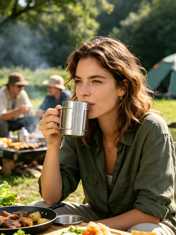Caneca de Camping em Inox com Alça Dobrável
