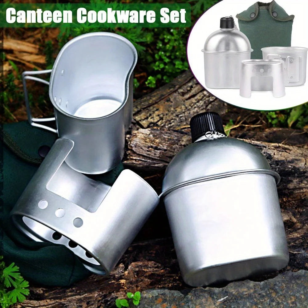 4pcs/set,Military Canteen Cookware Set Aluminum Alloy Canteen Multi-Functional Water Bottle with Grab Handled Cup Green Canvas