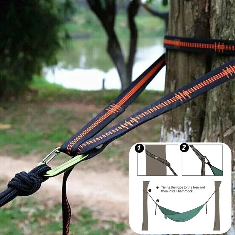 Correias De Poliéster Reforçado Para Acampamento AO Ar Livre Black Hammock Straps 5 Ring Alta Carga-rolamento Farpado Hammock