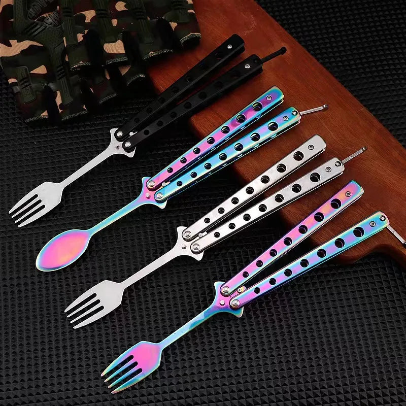 Butterfly Knife Folding Spoon Fork Balisong Training Spoon Fork Butterfly Knife Trainer Outdoor Camping Tableware Kitchen Tool