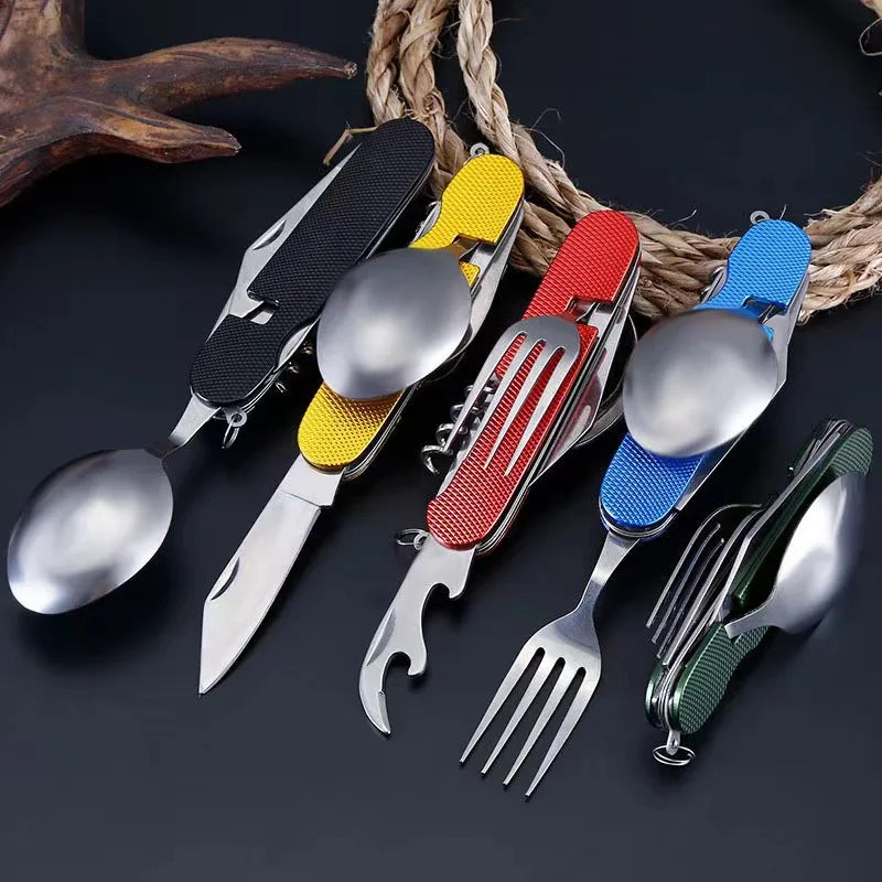 Talher camping profissional 7 em 1. Canivete-garfo-Colher-sacarrolha-abridor lata-garrafa-perfurador - Máquina de comer