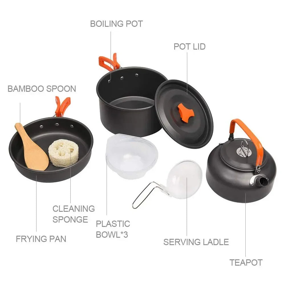 Camping Køkkengrej Sæt Aluminium Nonstick Bærbar Udendørs Service Kedel Gryde Kogesæt Kogegryde Skål til Vandring BBQ Picnic