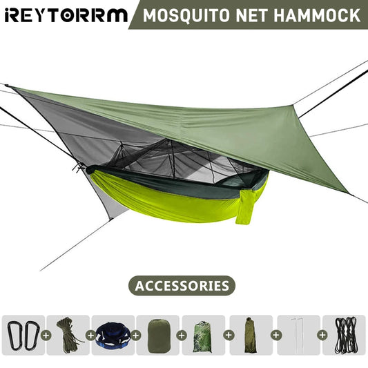 Rede de acampamento dupla para áreas externas de 260x140 cm com mosquiteiro e lona contra chuva, redes leves de paraquedas para viagens e caminhadas