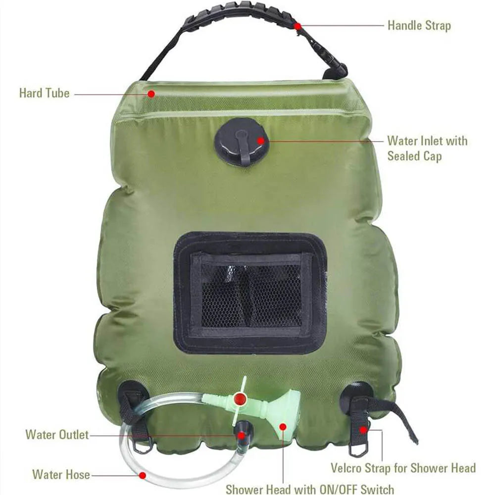 Solar Brusepose 20L Udendørs Solvarme Premium Camping Brusepose Varmtvandstemperatur 45°C med aftagelig slange Brusehoved