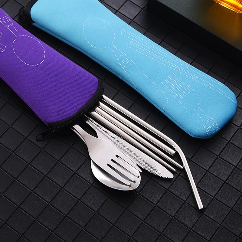 8pcs/set Portable Tableware Bag Cutlery Zipper Bag Dinnerware Picnic Fork Spoon Dinnerware Outdoor Camping Picnicking Tools