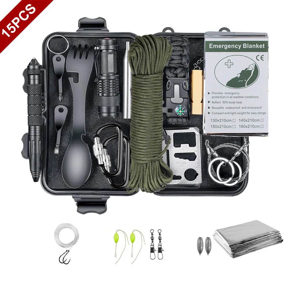 15 EM 1 Kit de sobrevivência de emergência Equipamento de acampamento Viagem Multifuncional Equipamento de defesa tática Primeiros socorros SOS Aventura na natureza